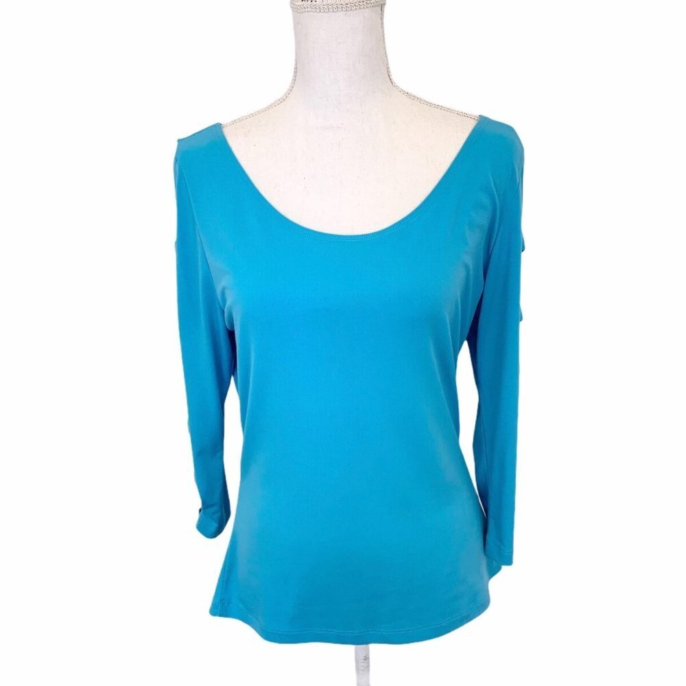 Mesmerize shirt blue w ladder sleeves rhinestone